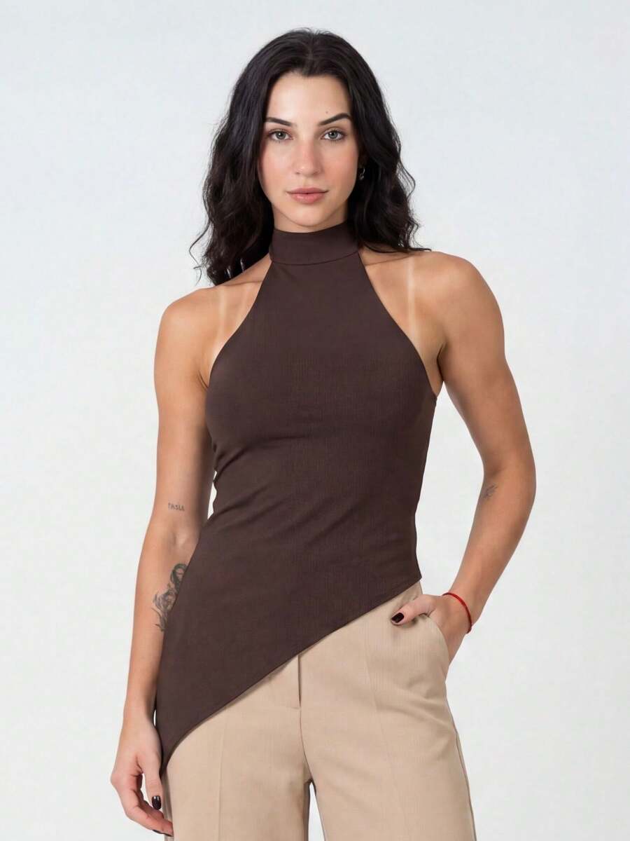 Women's Halter Neck Blouse With Asymmetrical High Neck And Elastane In Polyamide - Rust Brown - View 1