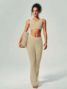 UONNOU Set Pakaian Olahraga Tanpa Jahitan: Celana Yoga Model Lebar Pinggang Tinggi dan Bra Olahraga Model U-Neck - Khaki - View 8