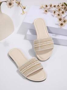 Sandal đế bằng nữ cỡ lớn, màu trơn, chất liệu da microfiber, đính ngọc trai, kiểu dáng mùa hè mới. - màu trắng nhạt - Xem 11