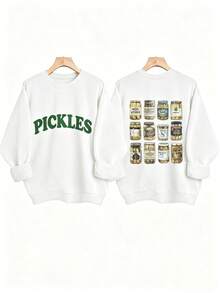 [Olive Green Sweatshirt] Soft Olive Green Crewneck Sweatshirt | PICKLES Letter Print & Pickle Jar Graphic-Machine Washable,Unisex-Casual Sweatshirt-88 - 白色 - 查看 1