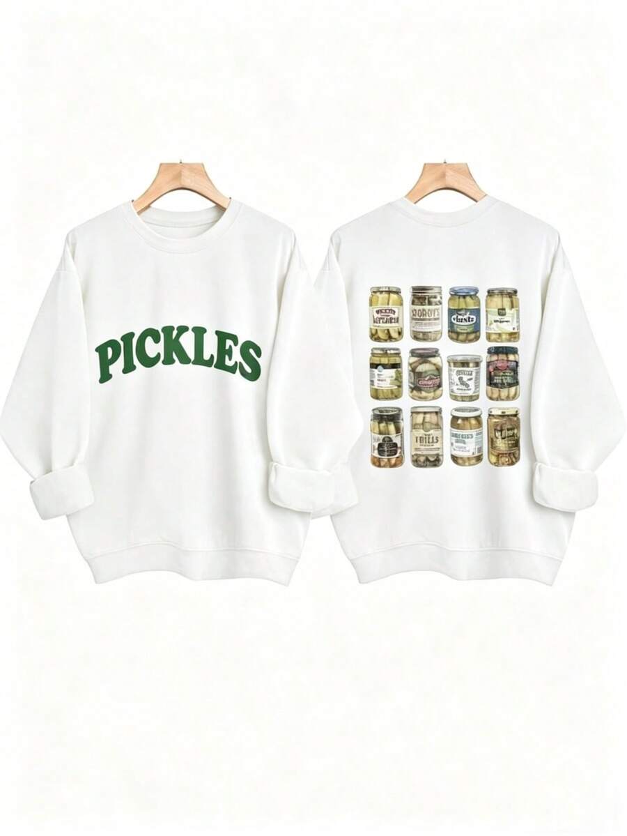 [Olive Green Sweatshirt] Soft Olive Green Crewneck Sweatshirt | PICKLES Letter Print & Pickle Jar Graphic-Machine Washable,Unisex-Casual Sweatshirt-88 - 白色 - 查看 1