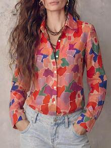 女士夏季全印花休闲度假衬衫 - 花橘色 - 查看 1