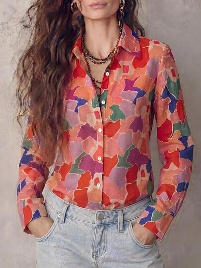 女士夏季全印花休闲度假衬衫