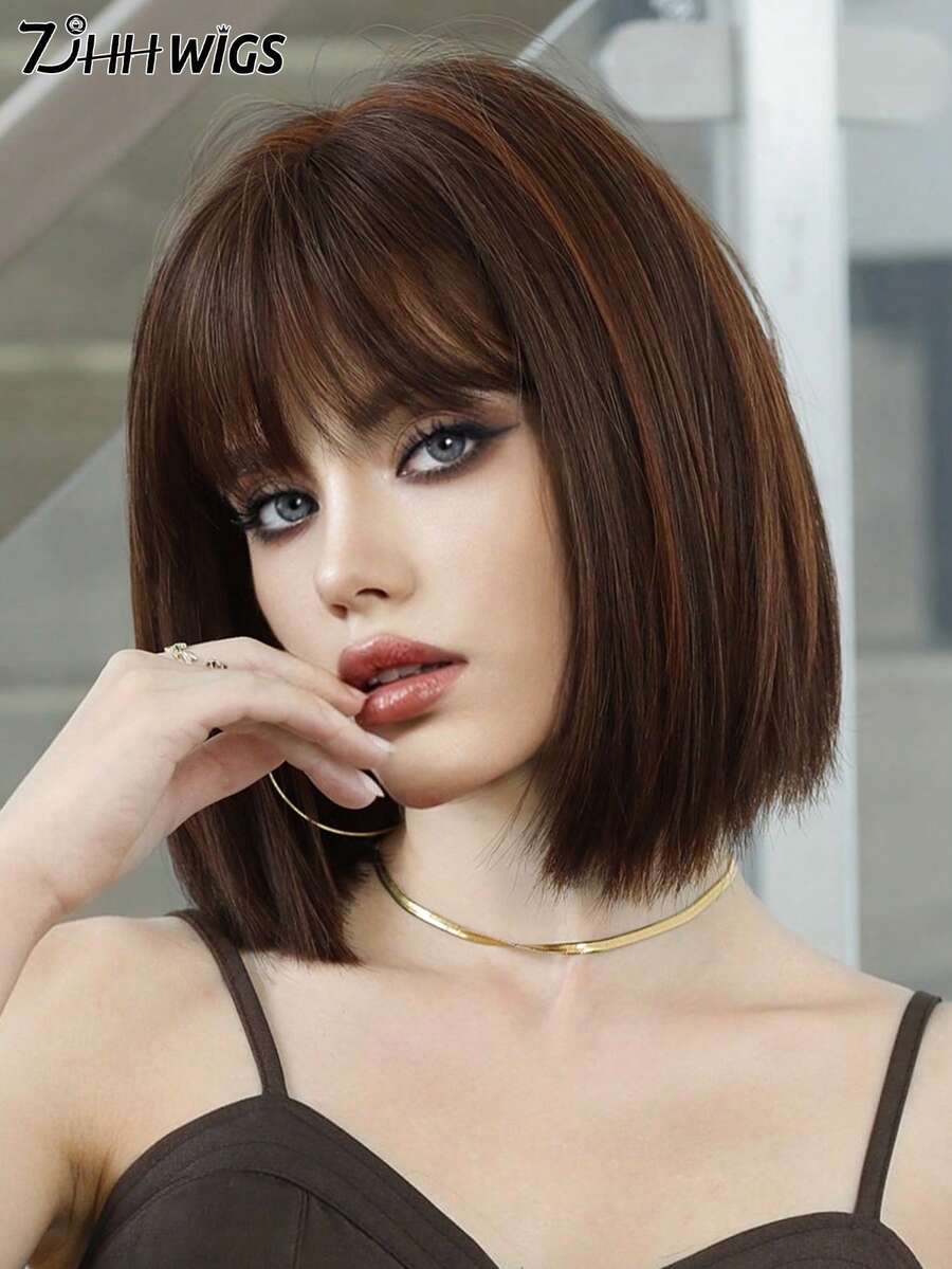 7JHH WIGS 蜜棕色波波头假发，12英寸，时尚简约短直发，带刘海，棕色底色混合金色挑染，优质丝滑耐热合成假发，适合日常佩戴、节日派对、角色扮演等场合，是女孩的理想礼物。