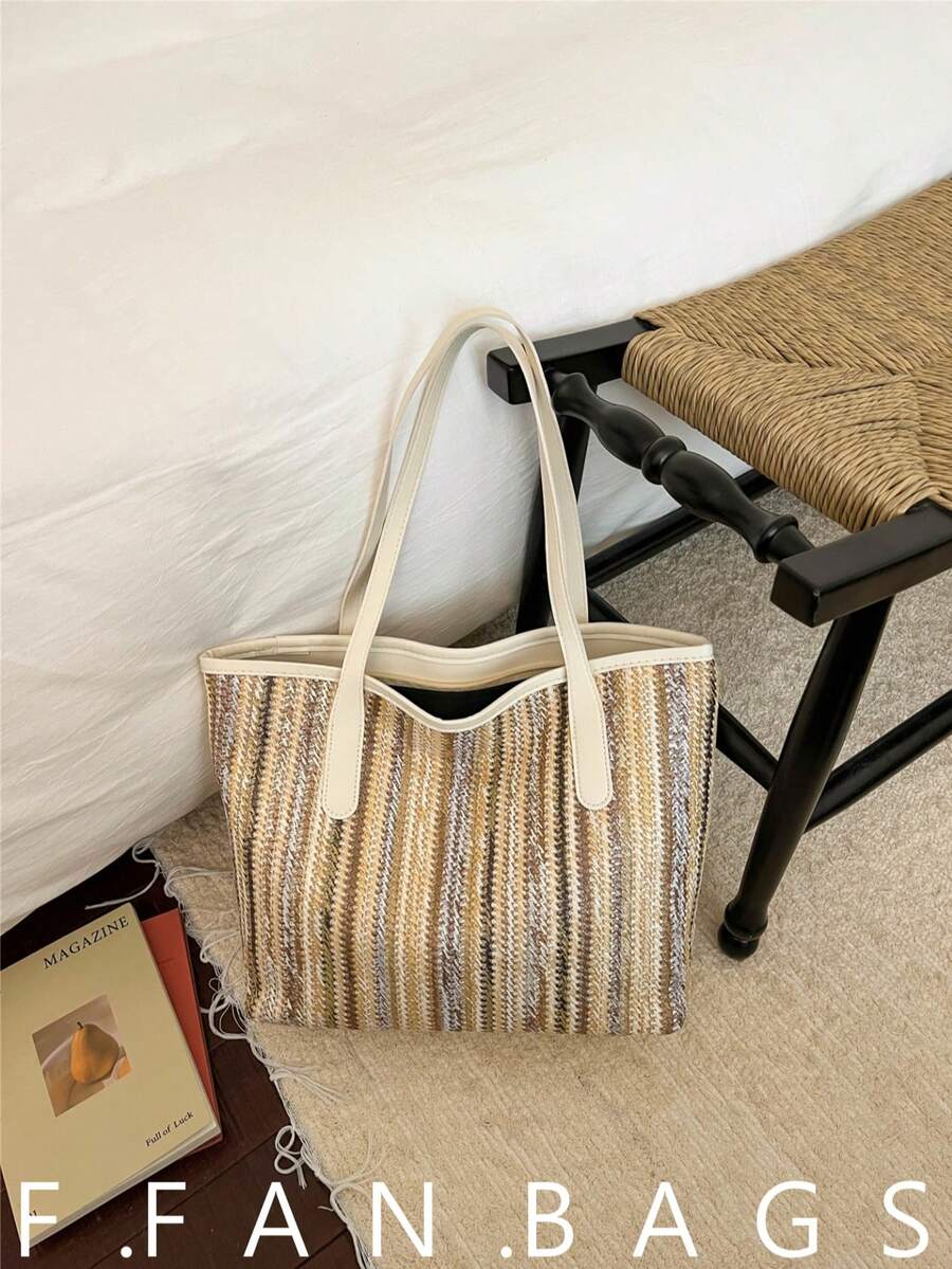 2026 Striped Versatile Large Capacity Tote Bag, Fashion Personalized Casual Niche Design High-Quality Shoulder Bag For Women - Khaki - View 1