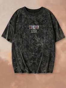 Camiseta holgada casual con estampado de letras Japón Tokio - Negro - Ver 4