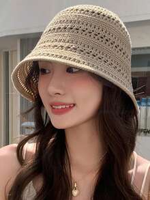 1顶女士时尚波西米亚风倒三角字母巴黎米兰手工钩编草帽，适合海滩度假穿着 - A - 查看 11