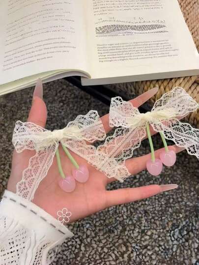 2pcs/1pc Lace Bow Cherry Hairpin Headwear, Princess Style Dreamy Bangs Clip Side Clip
