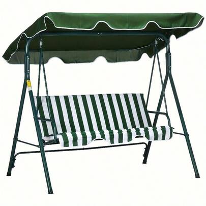 3 Seater Swing Chair With Adjustable Canopy, Garden Swing Seat With Steel Frame, Padded Seat, Green