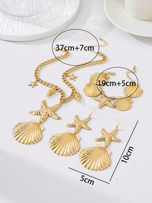 4件套夏季沙滩风贝壳吊坠项链、耳环、手链首饰套装，海洋主题女士礼物 - 海星 - 查看 4