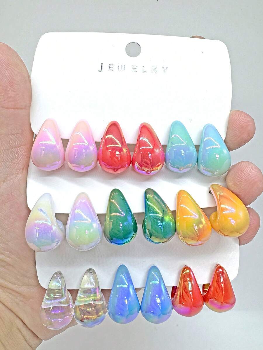 2pcs-18pcs Fashion Colorful Teardrop Earrings Set, Simple And Elegant Design, Suitable For Daily Wear Or As A Holiday Gift For Women - Multicolor - View 1