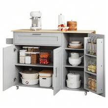 Large Mobile Kitchen Table (L132.5 X W44(70) X H90 Cm), Foldable Worktop, Oak Grain, Multifunctional Cabinet, Spice Rack, Towel Rail, 5 Casters, Suitable For Kitchen/Dining/Home - Gray - View 5