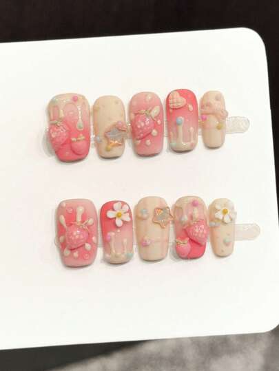 10pcs Handmade Nails Square Nails Acrylic Press On Nails Short, Gentle Pink Nails, Matte Nails Nail Charms 3D Cream Strawberry Star Bow Polka Dots, Edgy Elegant Simple Spring Fake Nails, Summer Nails, Party Daily & Dating Use Beach Tropical Getaway Suitable,DIY False Nail Art Suitable For Women & Girls As Gift Nail Supplies