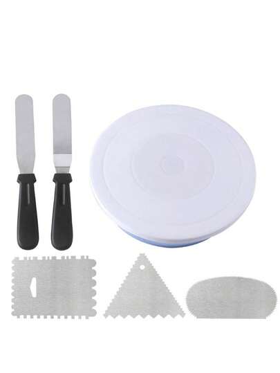 Brodark 6 pièces Ensemble d'outils de décoration de gâteau sur plateau tournant, comprenant 1 plateau tournant en plastique + 2 spatules à glaçage + 3 grattoirs décoratifs (ondulé/dentelé), outil de lissage de crème facile pour débutants