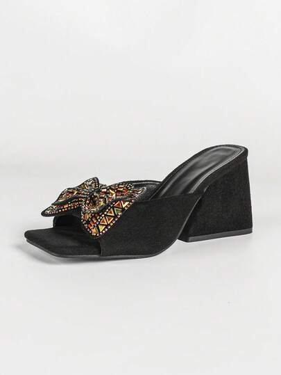Giày sandal cao gót màu đen thanh lịch cỡ lớn với nơ đính đá, mũi vuông, gót dày, thời trang dự tiệc dành cho nữ.