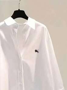 Plus Size White Woven Shirt With Embroidered Collar, Drop Shoulder Design And Asymmetric Hem - White - View 4
