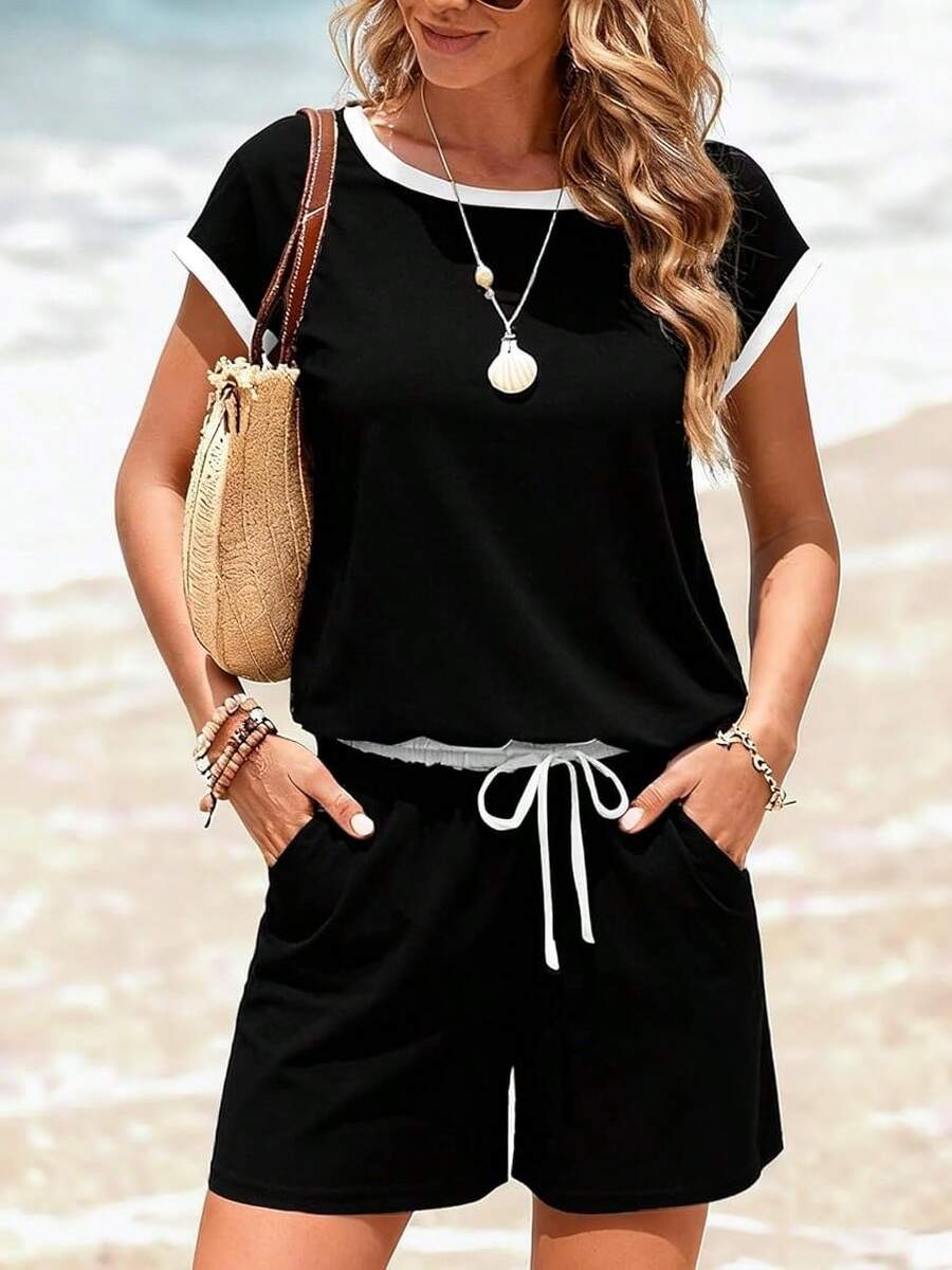 DOUCIU Two Pieces Sets For Women Summer Lounge Short Sets Cap Sleeve Crew Neck Sweatsuit With Pocket - Black - View 1