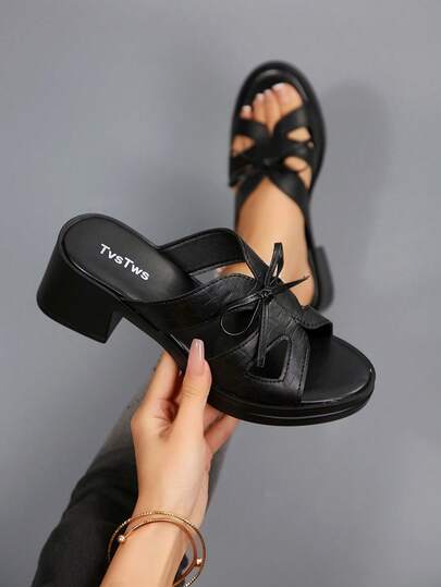 Women's Black Bowknot Snake Skin Pattern Thick Heel One-Strap Slides, Soft Leather Comfortable Non-Slip Mid-Heel Open Toe Sandals, Versatile For Summer