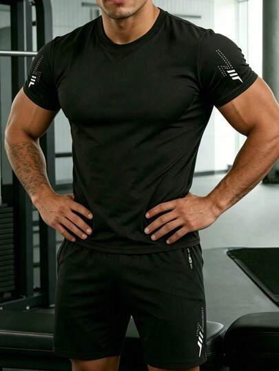 2pcs/Set Men's Boyfriend Style Quick-Dry Breathable 4-Way Stretch Running Fitness Casual Shorts And Short Sleeve T-Shirt Set, Summer