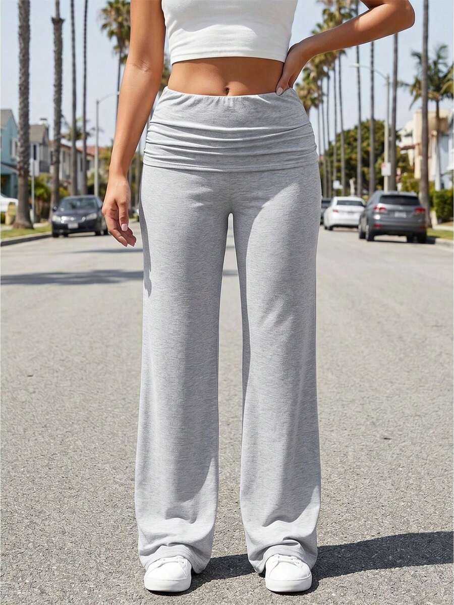 Womens Wide Leg Pants Casual Loose Fit Stylish Solid Color Elastic Pleated Low Rise Trousers - 灰色 - 查看 1