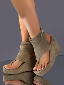 Square Toe Thick Bottom Wedge Sandals For Women, European And American Style Buckle Ankle Boots High Heel, Elevated & Slimming Open Toe Gladiator Sandals - Khaki - View 2