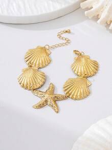 4件套夏季沙滩风贝壳吊坠项链、耳环、手链首饰套装，海洋主题女士礼物 - 海星 - 查看 5