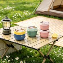 1pc Sealed Insulated Lunch Box With Handle, Leak-Proof Thermal Bento Box With Built-In Spoon, Portable Round Lunch Container, Suitable For Office Workers/Students/Camping - Multicolor - View 5