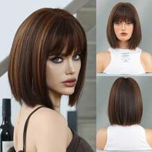 7JHH WIGS 蜜棕色波波头假发，12英寸，时尚简约短直发，带刘海，棕色底色混合金色挑染，优质丝滑耐热合成假发，适合日常佩戴、节日派对、角色扮演等场合，是女孩的理想礼物。 - 挑染棕色 - 查看 12