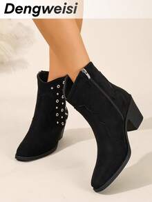 Sepatu bot pergelangan kaki hitam dengan hiasan paku keling, resleting samping, hak tebal, ujung persegi, nyaman, serbaguna, elegan, cocok untuk kantor, perjalanan sehari-hari, liburan, Hari Ibu, dan mode musim gugur/semi. - Hitam - View 6