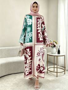 1 pieza Vestido largo holgado, ligero y transpirable con cuello redondo, estampado floral y manga larga para mujer, adecuado para uso diario, vacaciones, vestido de noche elegante, vestido árabe tradicional para festivales, Año Nuevo y otras festividades de primavera - Café integral - Ver 7