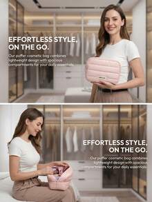 1 pièce Nouveau sac cosmétique coréen matelassé de voyage créatif et à la mode en polyester, élégant sac de toilette à embrayage, pochette numérique antichoc et antidérapante imperméable, porte-monnaie minimaliste urbain, sac de rangement multifonction grande capacité pouvant contenir des cosmétiques - Multicolore - Voir 7