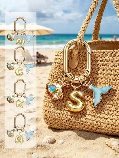 Gold Bubble Letter A-Z Women'S Keychain,Beach Themed Keychain, Keyring With Mermaid Tail, Shell & Heart Charms, Ocean Inspired Bag Charm For Women, Girls, Mermaid Lovers And Summer Enthusiasts, Durable Alloy Construction With Enamel Mermaid Tail, Rhinestone Shell With Faux Pearl, And 3d Gold Heart Accents