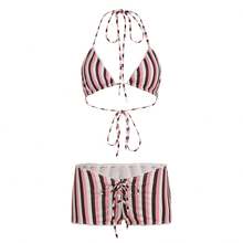 Y2K Bowknot Plaid Vacation Bikini Set Halter Neck Tie Triangle Bra Low Waist Shorts - Blue - View 7