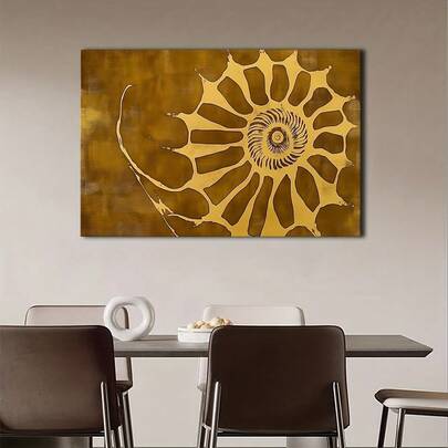 1pc,2D Flat,Built-In Framework Without Outer Frame, Large Ammonite Fossil Nautilus Shell Wall Art - Spiral Ochre Beige & Golden Fossil Print On Wrapped Canvas, Wood Framed Marine Paleontology Decor For /Outdoor - Living Room, Bedroom, Office - Vintage Nautical Fossil Chart