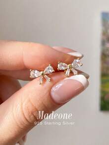 MADEONE 1 Pair 925 Sterling Silver Ribbon Zirconia Stud Earrings, Elegant Jewelry For Women, Suitable For Daily Wear, Versatile With Various Outfits, Also Perfect Accessory For Dates And Parties. - Gold - View 2