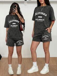 1pc Washed Loose-Fit CALIFORNIA LOS ANGELES Print 2pcs Set, Vintage-Style Short-Sleeve T-Shirt + Matching Shorts Set, Y2K Hot Streetwear Women's Clothingsummer Clothes Going Out Tops Women - 黑色 - 查看 18