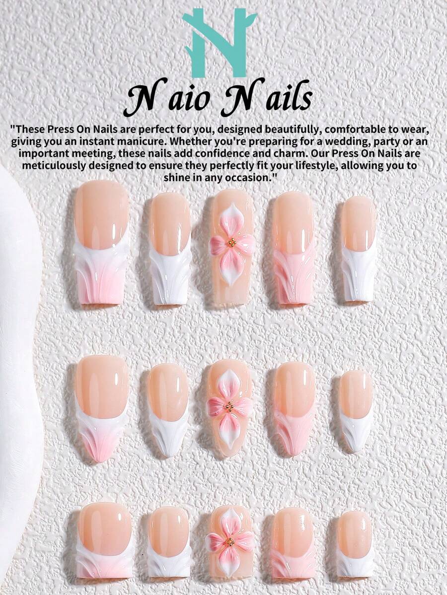 NAIO 10片/套 手工美甲贴片，三种尺寸可选：棺材形/杏仁形/短方形甲片，Y2K 酷炫风格，裸色、白色和粉色法式边，渐变花朵和粉色渐变金珠装饰，奶油质地，适合女性和女孩，可用于派对、日常佩戴，附赠工具包，是送给女士美甲爱好者的绝佳礼物。 - 彩色 - 查看 1