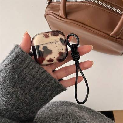 Black Brown Cow Print Ink Splatter Semi-Transparent Earphone Case + Lanyard Set Applicable Compatible With Apple AirPodsPro 3/AirPodsPro 2/AirPodsPro/AirPods4/AirPods3/AirPods2 There Is A Protective Film On The Surface, Please Tear It Off Before Use