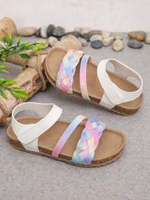 Girls' Rainbow Ombre Woven Sandals, Glitter Hook And Loop Soft Bottom Sandals, New Summer Beach Shoes - Multicolor - View 5