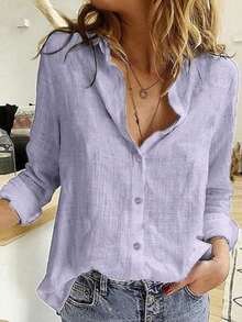 Camisa abotonada de color sólido, blusa elegante de manga larga con estampado floral y cuello, primavera - Púrpura claro - Ver 4