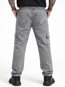 Men's Marbled Denim Cargo Pants Without Lycra, Drawstring Waist. - Light Grey - View 3
