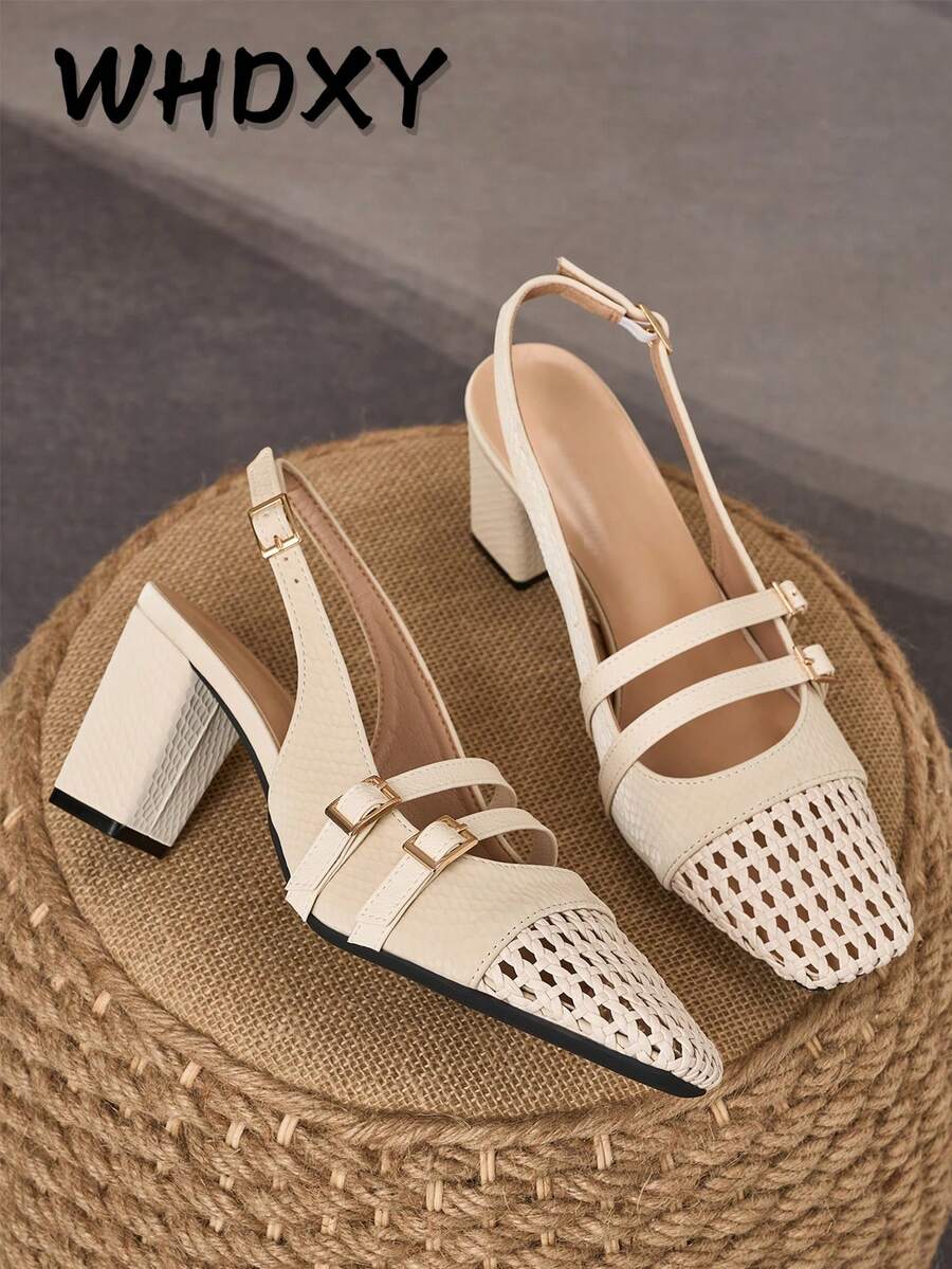 WHDXY Sandal Wanita Gaya Eropa dan Amerika 7cm dengan Desain Berongga, Gesper Ganda, Ujung Tertutup, Hak Tebal, Warna Aprikot, Bernapas, Serbaguna, Cocok untuk Bepergian, Bekerja, Kencan, dan Pesta - Aprikot - View 1