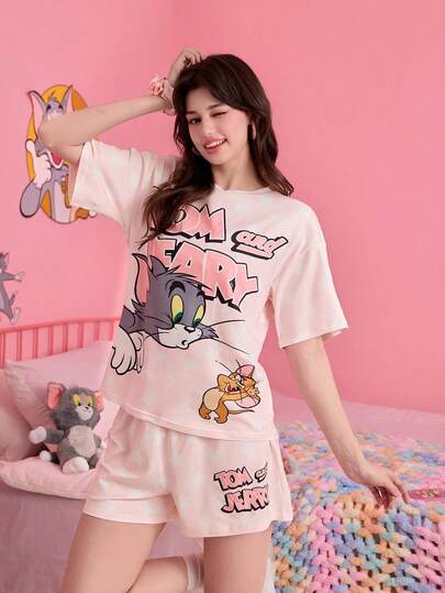 Conjunto de pijama con estampado de Tom y Jerry en color rosa, de manga raglán para mujer, con estilo de dibujos animados de manga corta y pantalón corto