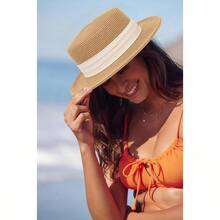 Straw Boater Summer Hat - Wide Brim Fedora Panama Summer Beach Hat Men Women(Size: Large) - 中號 + 米色錶帶 - 查看 7
