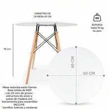 Mesa Comedor Estilo Eames Redonda Laminada para 2 o 3 Personas - Antecomedor, Desayunador, Trabajo para Oficina y Hogar (Blanca 60 * 60) - Blanca 60*60 - Ver 2
