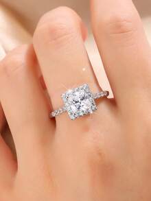1pc Silver Square Center Diamond Surrounded By Pave Diamonds Ring, Delicate Full Pave Thin Band Luxury Jewelry, Suitable For Daily Wear, Dates, Gift For Lover, Friend, Girlfriend, Women's Quality Jewelry - Silver - View 5