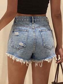 Quần short denim nữ cạp thấp, rách gấu. - Màu xanh lam - Xem 2