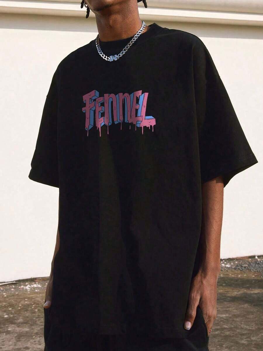 Men's Letter Print Drop Shoulder T-Shirt - Hitam - View 1