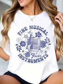 100% Cotton Fender Fine Musical Instruments Hippie Vibes Instruments T-Shirt Print Crew Neck T-Shirt For Summer, Women's Soft Short Sleeve Top, Stylish Comfy Tee For Women Graphic Tees - 白色 - 查看 6