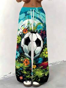 Women Straight Leg Wide Leg Pants Soccer Ball Floral Print Casual Sporty Style Comfortable Loose Fit For Everyday Wear And Light Activities 250g - Nhiều màu - Xem 2